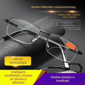 Fém félkeretes bifokális szemüveg kékfény-védővel, memória karokkal, közeli és távoli látáshoz, uniszex