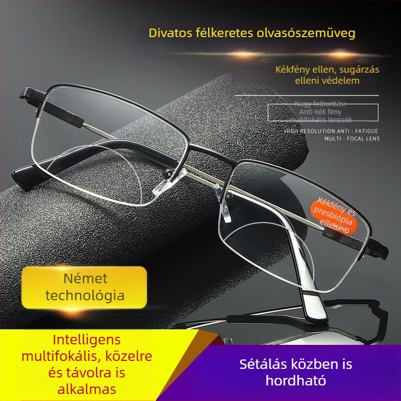 Fém félkeretes bifokális szemüveg kékfény-védővel, memória karokkal, közeli és távoli látáshoz, uniszex