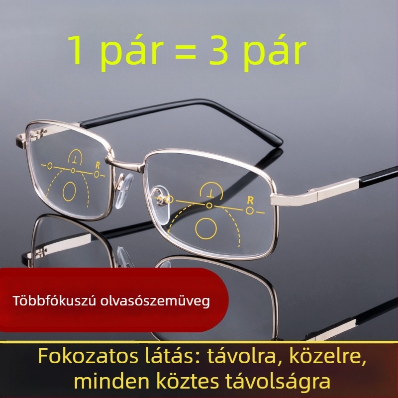 Progresszív multifokális olvasószemüveg kékfény elleni védelemmel, polikarbonát lencsékkel, fém keret, távolság, középtáv és közeli használatra