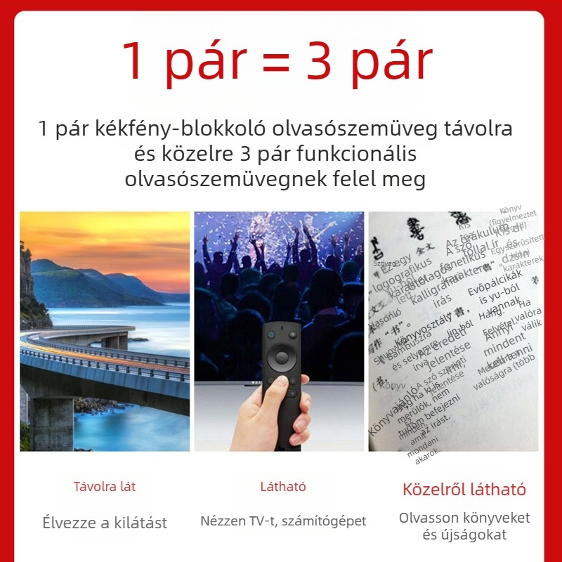 Progresszív multifokális olvasószemüveg kékfény elleni védelemmel, polikarbonát lencsékkel, fém keret, távolság, középtáv és közeli használatra