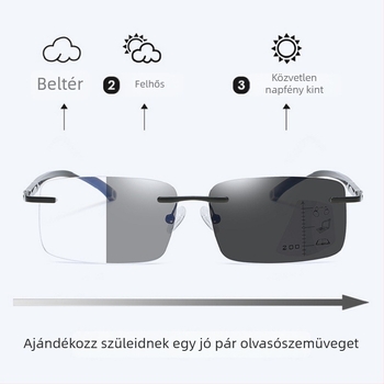 Távolság és közeli olvasó szemüveg, magas felbontású, anti-kék fény, intelligens zoom, színesedő fotokróm multifokális lencsék, keret nélküli, négyszögletes kivitel, időseknek