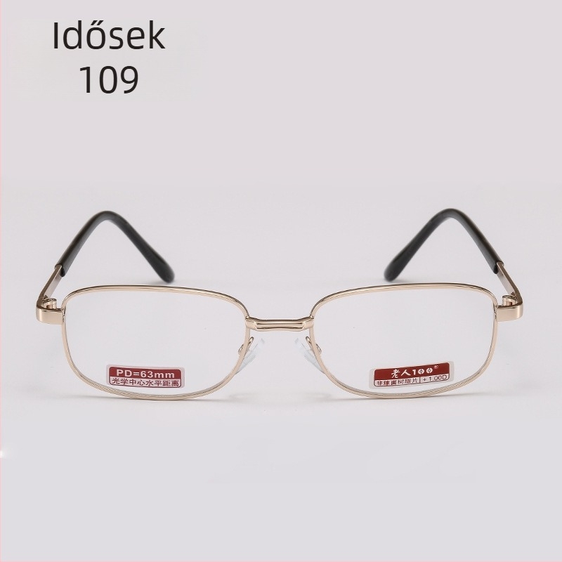 Időseknek szóló olvasó szemüveg, 814-es modell, teljes keret, fém keret, üveg lencsék, optikai bevonattal