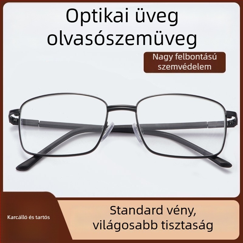 Optikai üvegből készült olvasó szemüveg középkorú és idős férfiak számára, nagy felbontású látásvédő, karcolásálló, tartós, fém négyszögletes keret