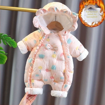 Téli baba egyrészes overál fleece-béléssel, vastagított, hosszú ujjú, kapucnis, 100% poliészter