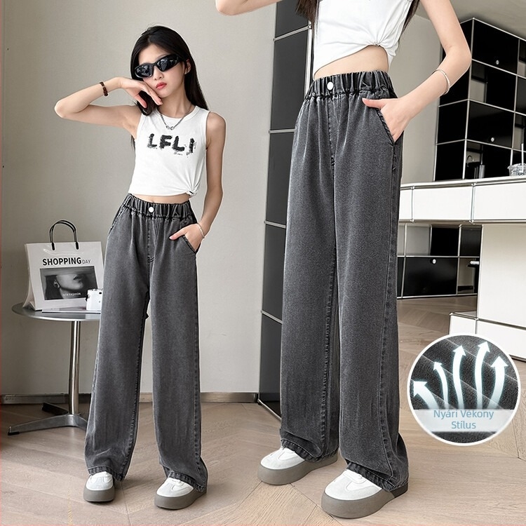 Gyerekeknek szóló farmernadrág, koreai stílus, denim, 90% pamut, középmagas derék, elasztikus derekú