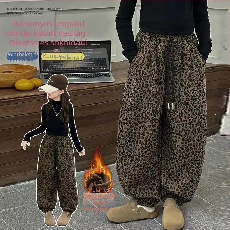 Gyerekeknek készült leopárdmintás nadrág, koreai stílusú casual, téli viselet, középmagas derék, pamutkeverék 80% poliészter