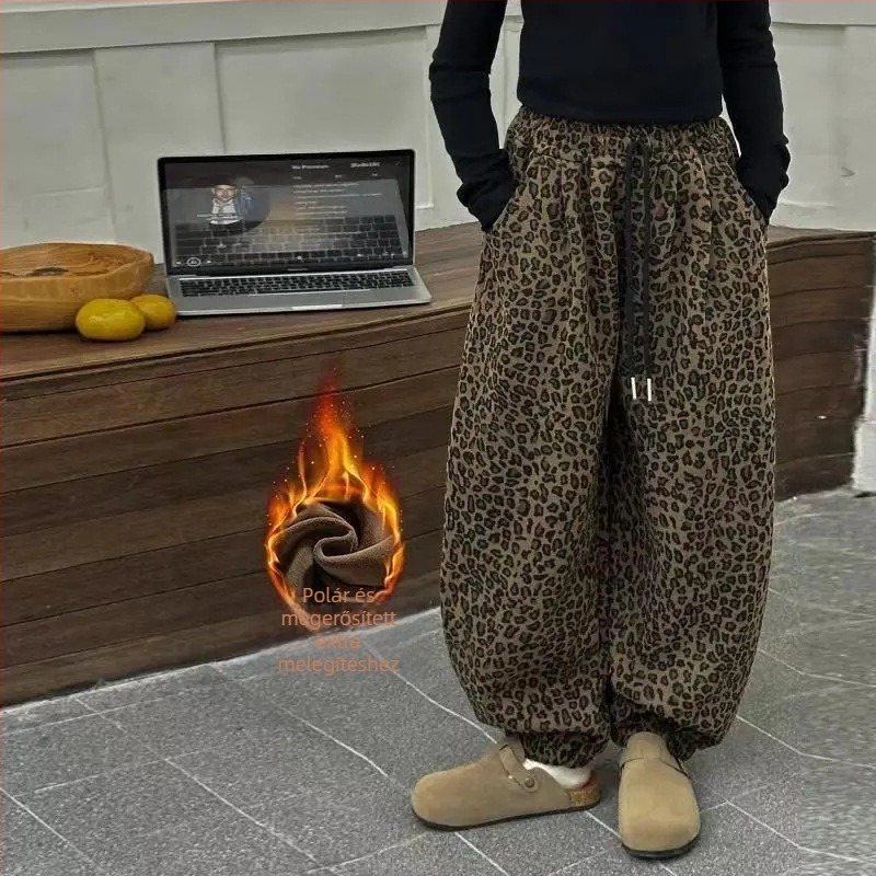 Gyerekeknek készült leopárdmintás nadrág, koreai stílusú casual, téli viselet, középmagas derék, pamutkeverék 80% poliészter