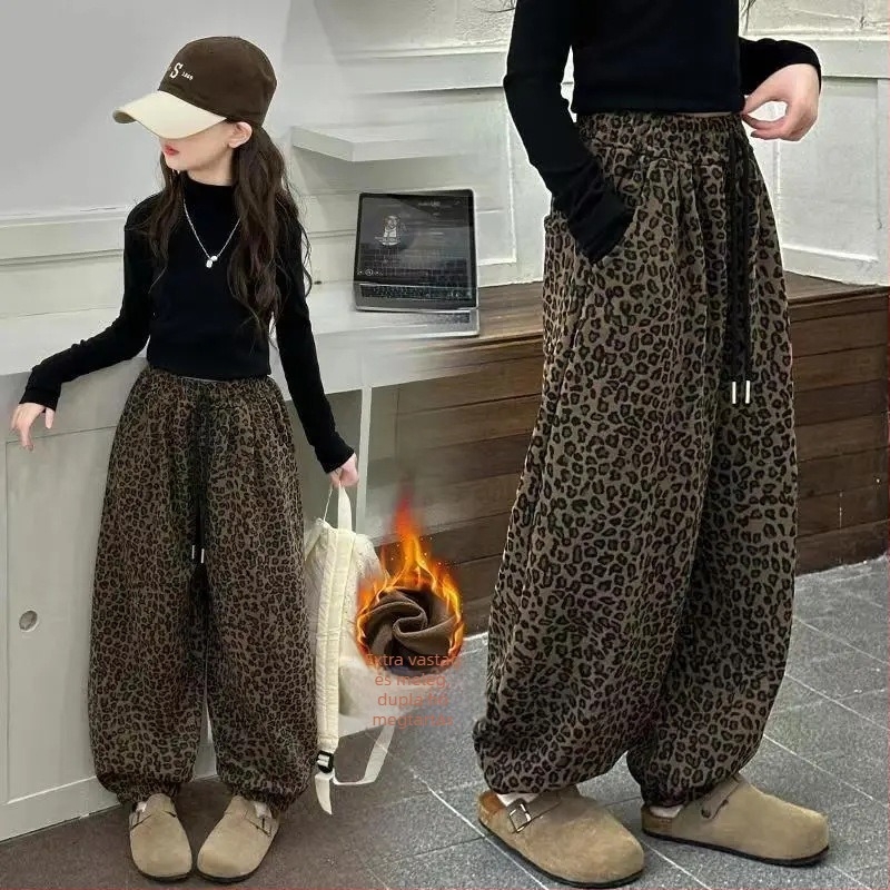 Gyerekeknek készült leopárdmintás nadrág, koreai stílusú casual, téli viselet, középmagas derék, pamutkeverék 80% poliészter