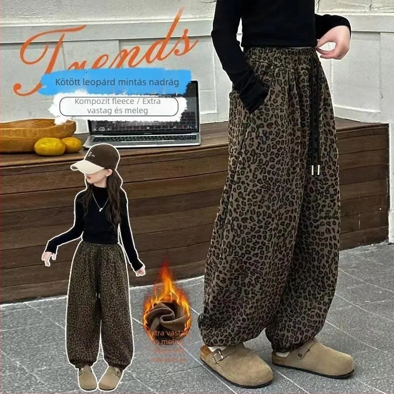 Gyerekeknek készült leopárdmintás nadrág, koreai stílusú casual, téli viselet, középmagas derék, pamutkeverék 80% poliészter