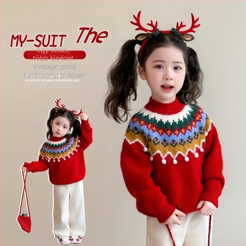 Lányok karácsonyi kötött pulóvere, koreai stílus, kapucnival, hosszú ujjú, 70% pamut