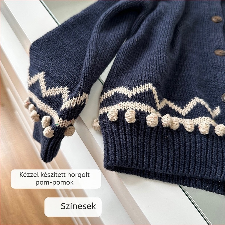 Gyerekeknek szóló csíkos kötött kardigán, 100% pamut, hosszú ujjú, egygombos záródású, galléros, vastag kötés