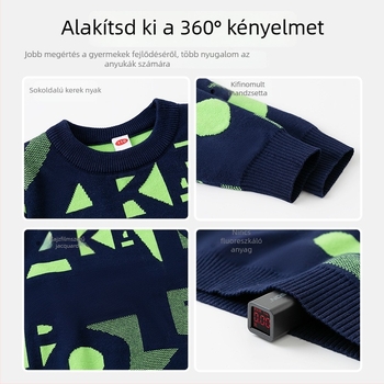Gyerekeknek kötött pulóver absztrakt mintával, meleg, vastag pamut-poliészter keverék (67% pamut, 33% poliészter), kerek nyakú, hosszú ujjú, preppy stílus