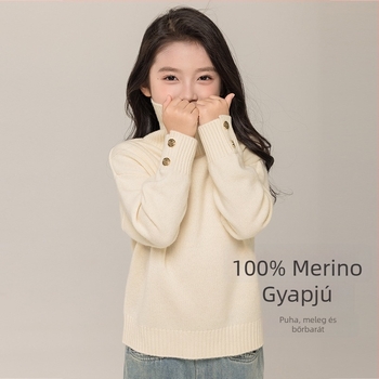 Gyerekeknek 100% gyapjú garbónyakú téli pulóver, koreai minimalista stílusban, 8 év felett