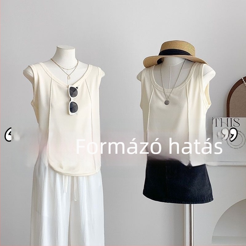 Halcsont vállú kamisola, laza szabású, felnőtt nők, poliészter-spandex keverék, mikro-elasztikus, dupla vállpántok, japán-koreai lazább stílus, tavasz 2025