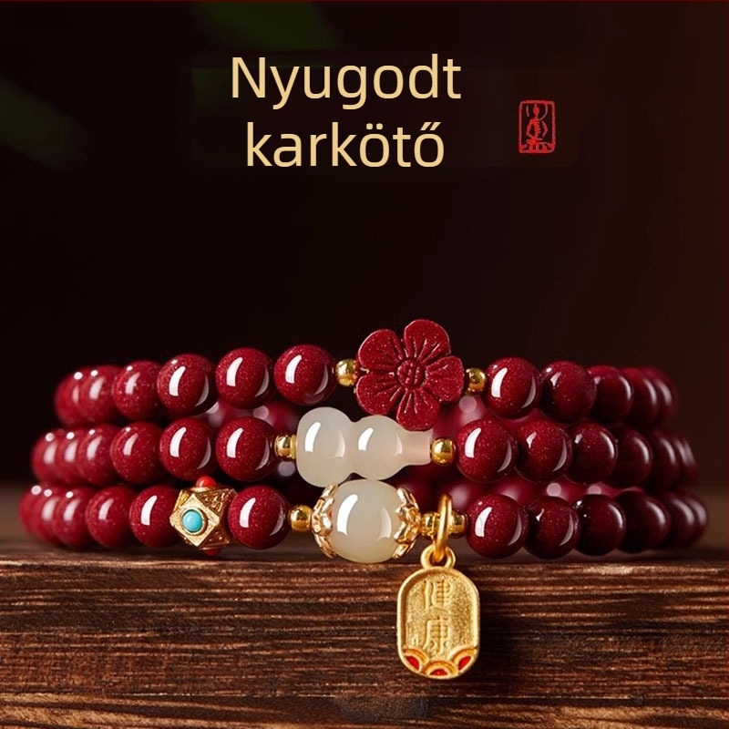 Női cinnabar karkötő háromkörös Buddha gyöngyökkel, áldás és védelem, kristályhomokkal és lila-arany homokkal