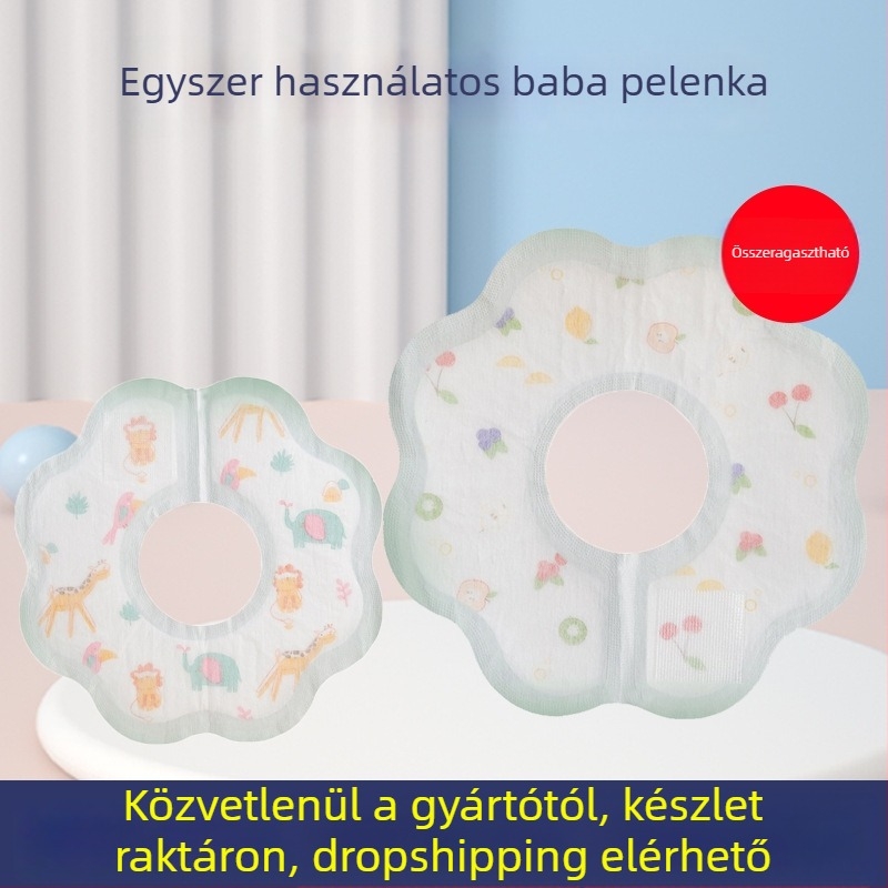 Egyszer használatos kerek baba etető kötény, vízálló nem szőtt anyagból, állat-karikatás minta, alkalmas csecsemőknek és kisgyermekeknek