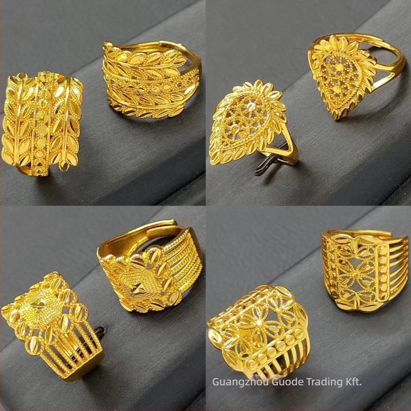 Réz gyűrű virág- és csillagmotívummal, nyitott állítható, elektroplatált bevonattal, uniszex