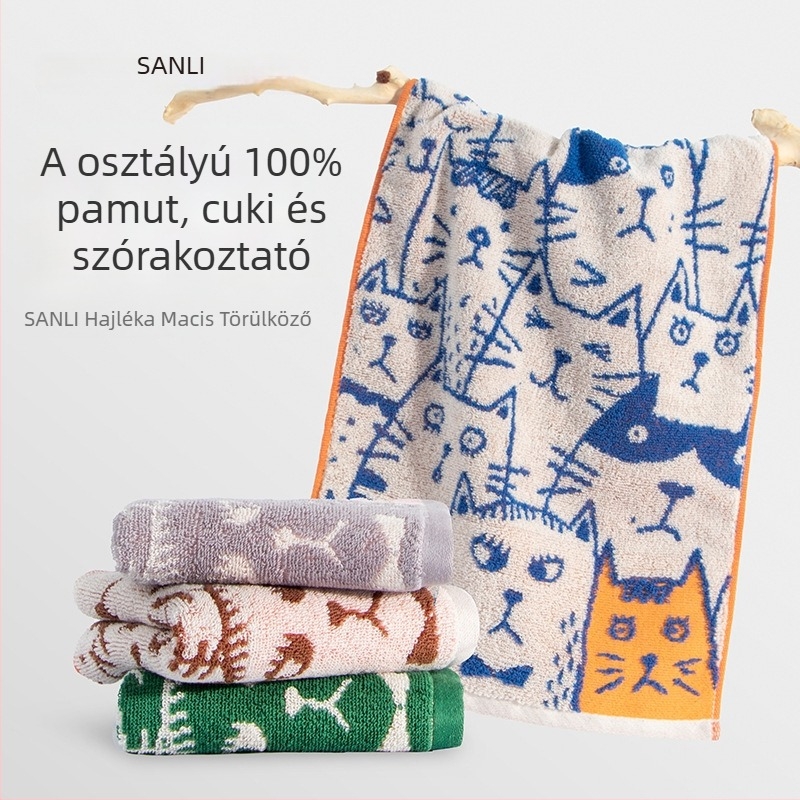 Sanli baba jacquard pamut törölköző, macska graffiti dizájn, 150D, 80–100 g