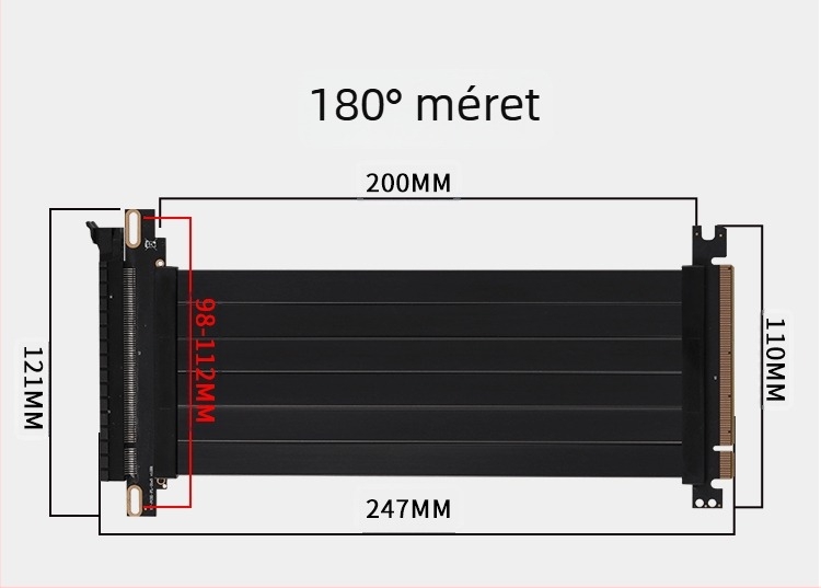 PCIe 3.0 GPU-extendáló kábel, patch kábel, PCIe x16, 180° és 90°-os szögek, CX26 modell, 16GB adatátvitel