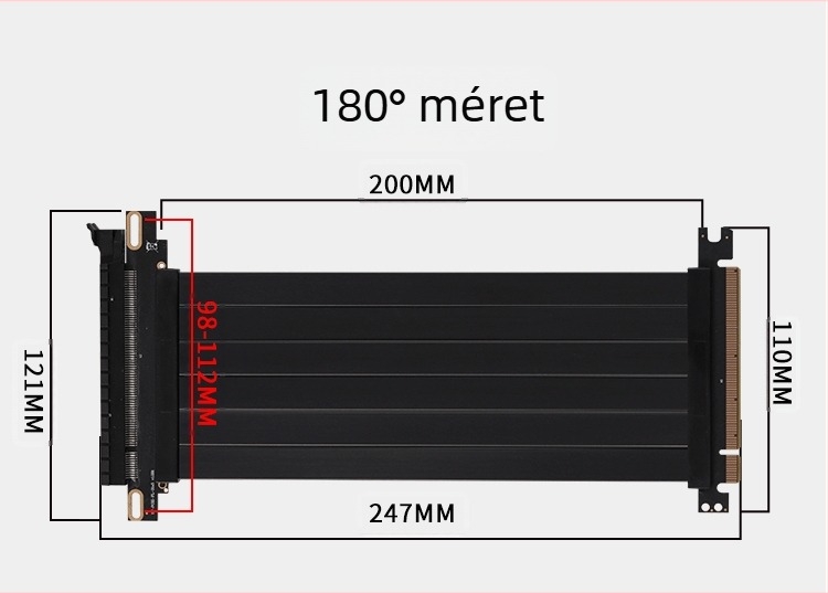 PCIe 3.0 GPU-extendáló kábel, patch kábel, PCIe x16, 180° és 90°-os szögek, CX26 modell, 16GB adatátvitel