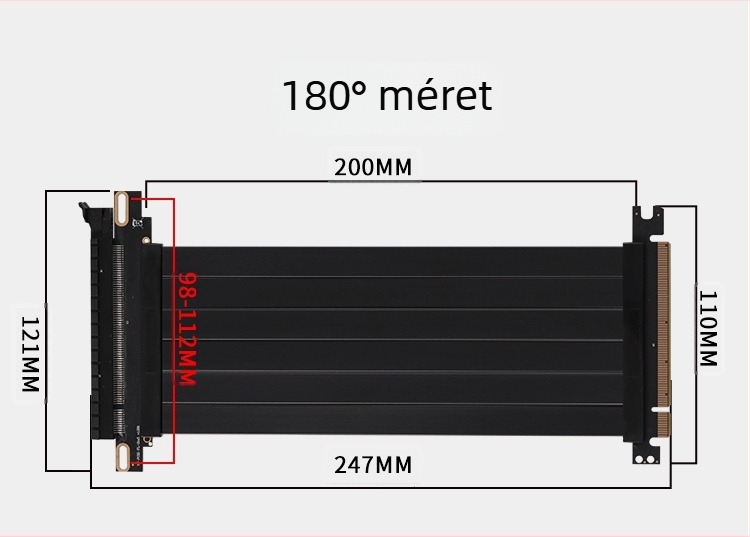 PCIe 3.0 GPU-extendáló kábel, patch kábel, PCIe x16, 180° és 90°-os szögek, CX26 modell, 16GB adatátvitel