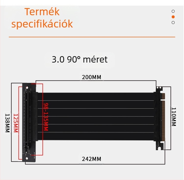 PCIe 3.0 GPU-extendáló kábel, patch kábel, PCIe x16, 180° és 90°-os szögek, CX26 modell, 16GB adatátvitel