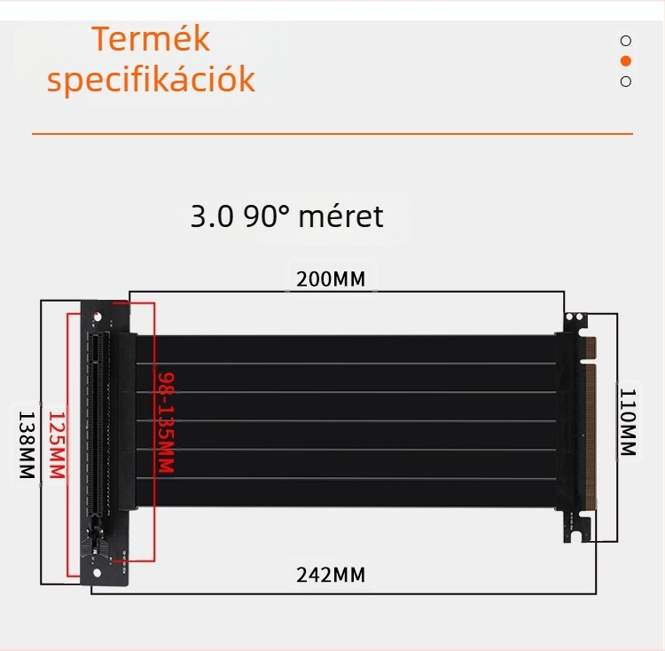 PCIe 3.0 GPU-extendáló kábel, patch kábel, PCIe x16, 180° és 90°-os szögek, CX26 modell, 16GB adatátvitel