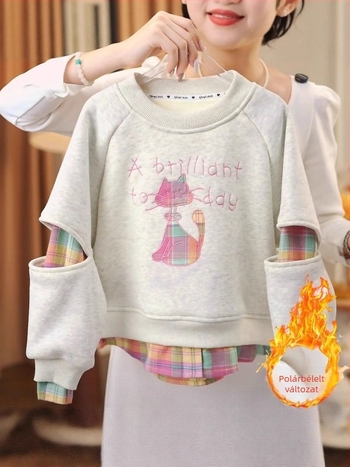 3–8 éveseknek, koreai stílusú fleeces bélelt pamut pulóver, 80% pamut, hímzett négyzetrács minta
