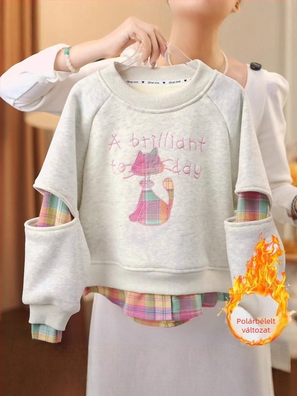 3–8 éveseknek, koreai stílusú fleeces bélelt pamut pulóver, 80% pamut, hímzett négyzetrács minta