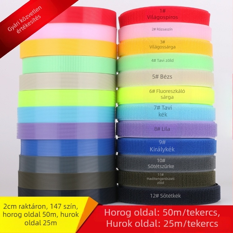 2 cm színes nylon horog Velcro-hoz, 147 szín, hook-and-loop rögzítő, férfi és női záróelemek, gyerekbarát