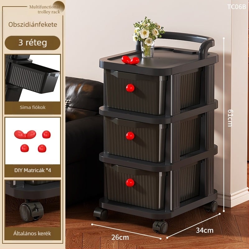 Ágy melletti tároló szekrény, 4 polcos, PP anyag, mozgatható, modern minimalista stílusú