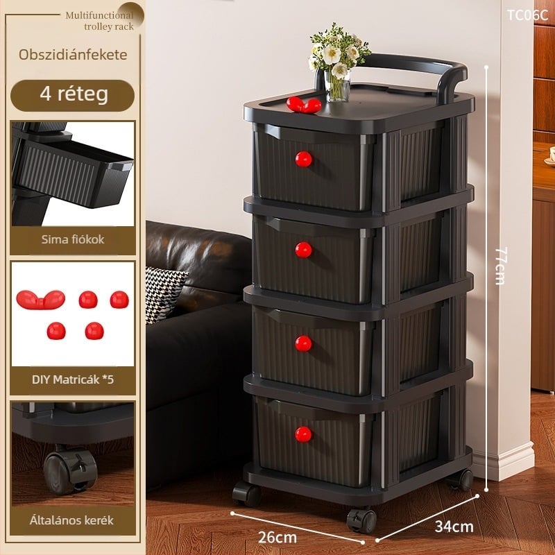 Ágy melletti tároló szekrény, 4 polcos, PP anyag, mozgatható, modern minimalista stílusú