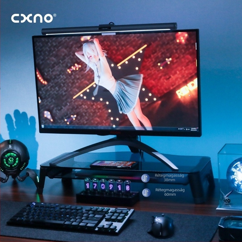 CXNO N2600 MAX emelő monitorállvány USB bővítéssel, műanyag asztali kijelzőtartó és billentyűzet‑tálca