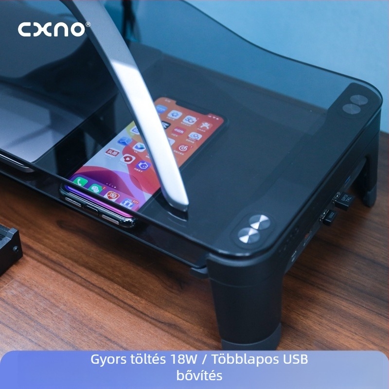 CXNO N2600 MAX emelő monitorállvány USB bővítéssel, műanyag asztali kijelzőtartó és billentyűzet‑tálca