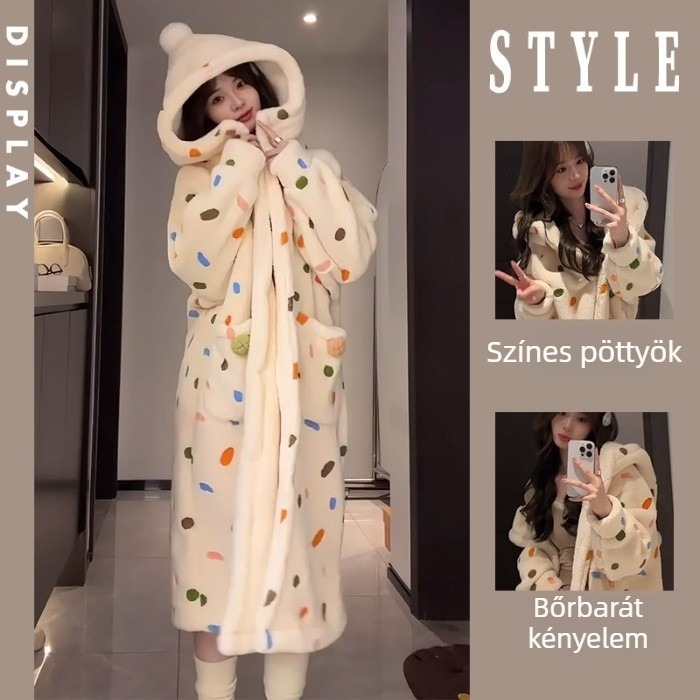 Női Coral Velvet kapucnis köntös, térdig érő, téli meleg otthoni pizsama