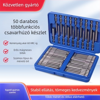 Elektromos csavarhúzó hosszabbító bittékkészlettel: háromszög-, kereszt (Phillips), hatszög és belső hatszög bitek; különleges formájú bitek is; króm-vanádium acélból; 50 darabos készlet; háztartási használatra; szétszerelési eszközök.