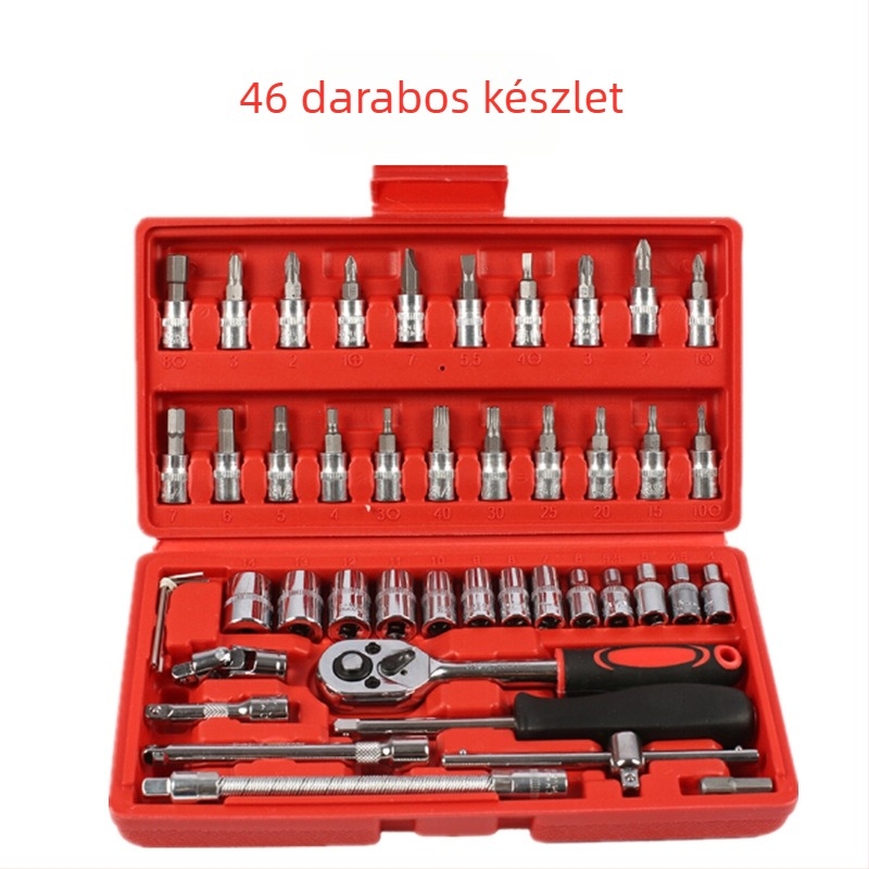 46 részes szerszámkészlet autó- és háztartási javításokhoz; 45# acélból; metrikus hüvelyek