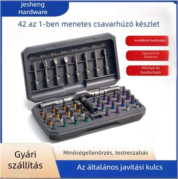42 az 1-ben racsnis csavarhúzó készlet szétszerelésre — mágneses bit tárolóval, csúszásmentes markolattal, kivehető bitekkel különféle adapterekkel (előre/hátra)