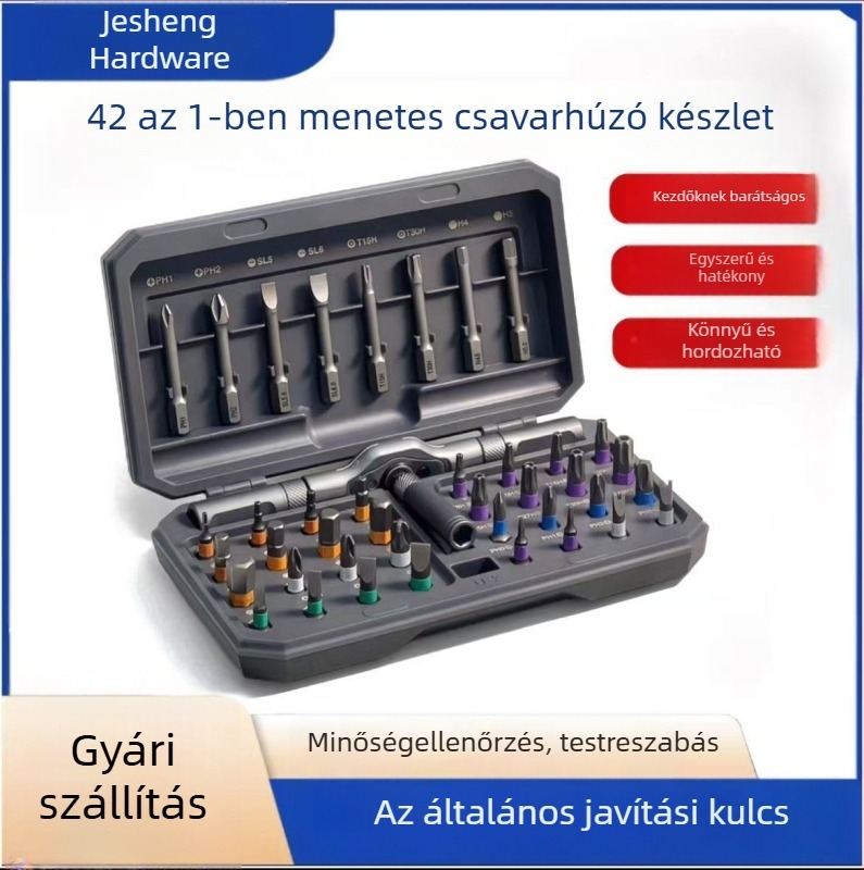 42 az 1-ben racsnis csavarhúzó készlet szétszerelésre — mágneses bit tárolóval, csúszásmentes markolattal, kivehető bitekkel különféle adapterekkel (előre/hátra)