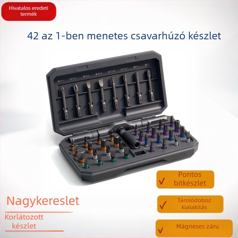 42 az 1-ben racsnis csavarhúzó készlet szétszerelésre — mágneses bit tárolóval, csúszásmentes markolattal, kivehető bitekkel különféle adapterekkel (előre/hátra)