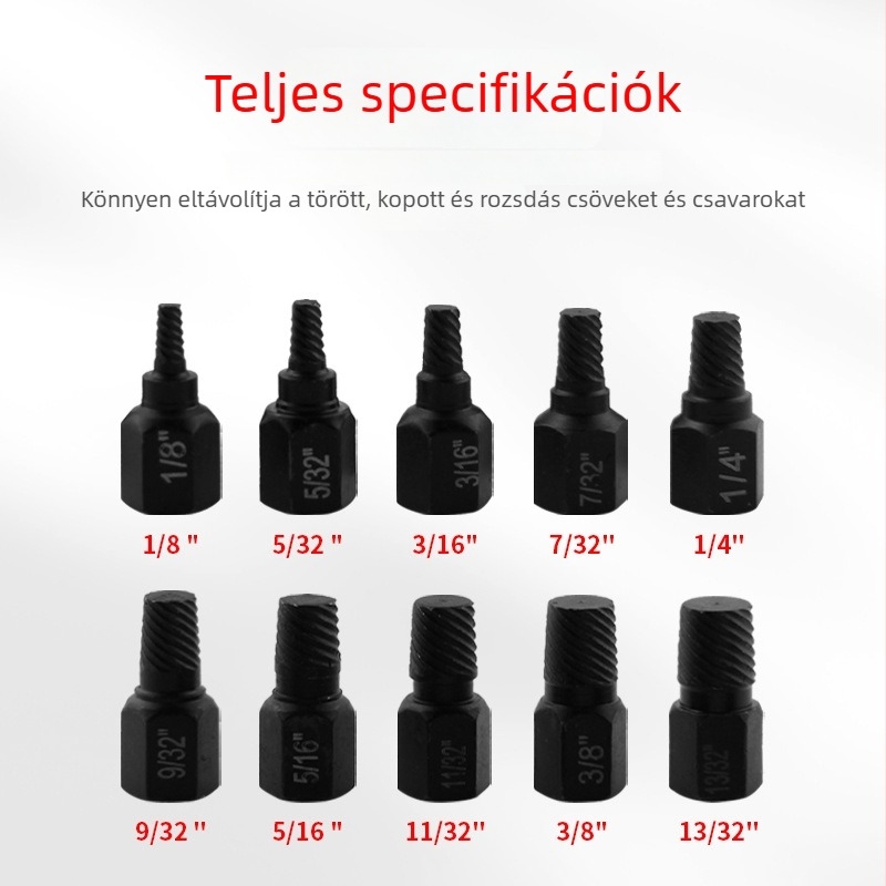 Hexagonális csatlakozó kivonó letört menetekhez — króm-vanádium acél, 10 darabos brit stílusú készlet, háztartási használatra