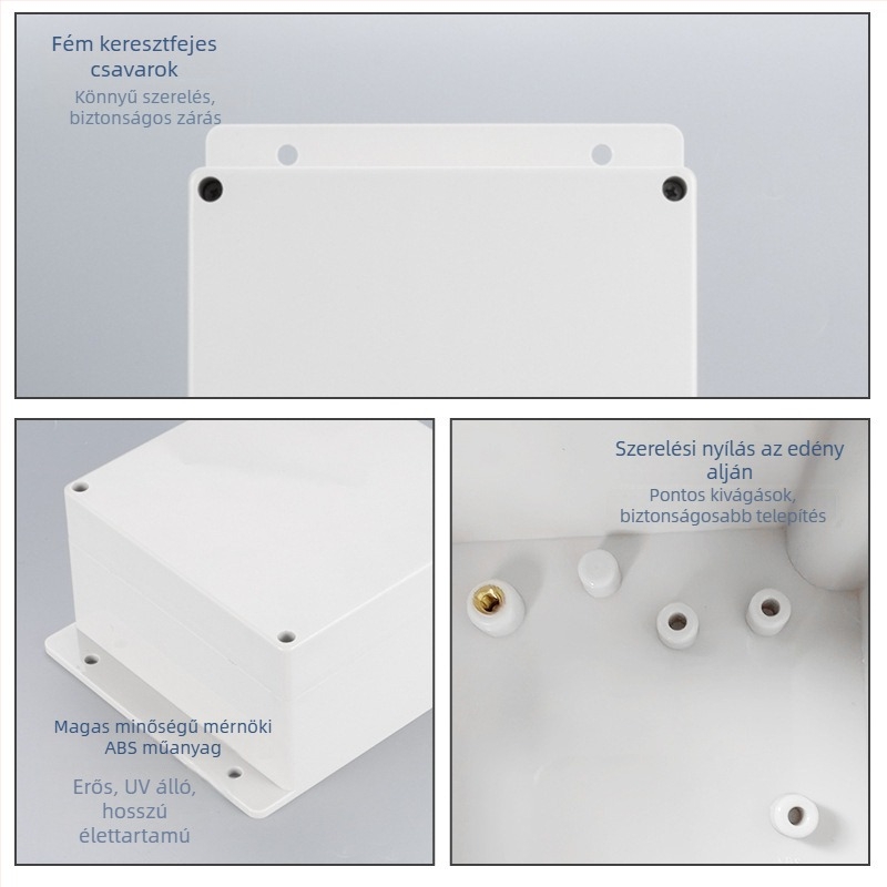 Kültéri IP65 vízálló elosztó doboz fülös felületre szerelhető ABS műanyagból, terminálokkal, falra csavarozható