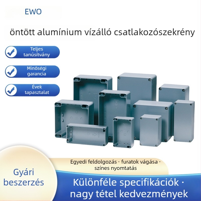 Kültéri vízálló csatlakozó doboz — tömített alumínium burkolat vezetékekhez és áramellátáshoz; alkalmas terminálpanelekhez és gombos dobozokhoz (Márka: Ewo)