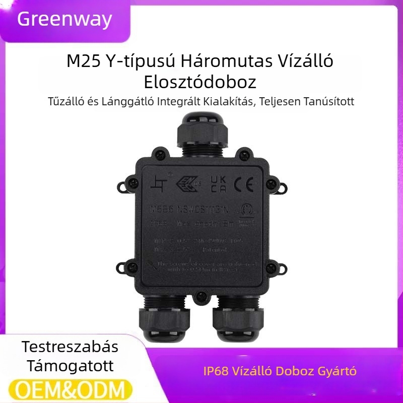 Greenway Y-típusú vízálló műanyag csatlakozó doboz, fekete, M25, 1 bemenet 2 kimenet, tápkábel
