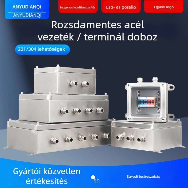 Kültéri 304 rozsdamentes acél vízálló csatlakozó doboz, függőleges szerelés, hub kábelterminál, IP56