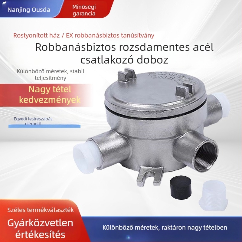 Robbanásbiztos csatlakozó doboz rozsdamentes acélból, 304-as, menetes kábelbevezetés, falra szerelhető, IP66