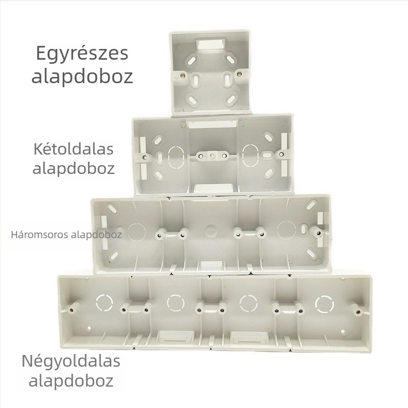86-os típusú felületszerelésű csatlakozó doboz, 4-ágú kapcsoló- és aljzatkészlet, PVC lángálló, vastagított alsó rész