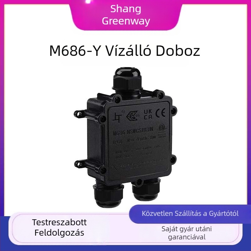 Kültéri vízálló csatlakozó doboz, 1 bemenet, 2 kimenet, PA12-4P terminál blokk, belső méret 80x70x31 mm, tűzálló ház, zárósavaros rögzítés