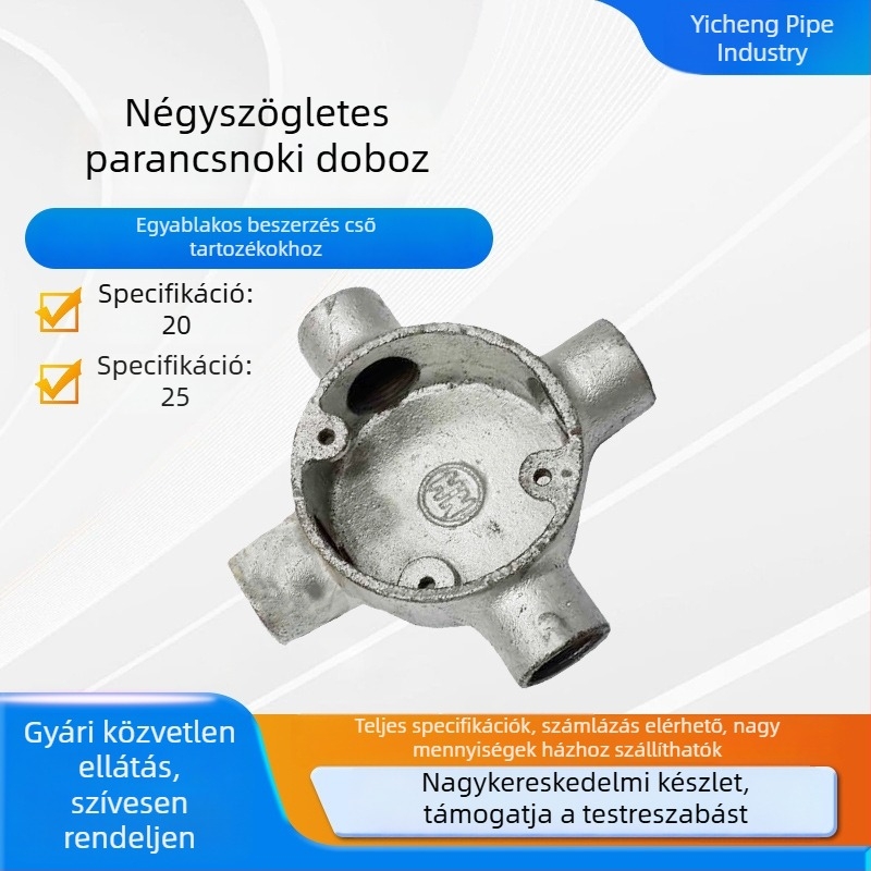 Kerek négynyílású fém elosztódoboz, alacsony profilú vasöntvény testtel és csőcsatlakozókkal, egyenes átvezetés