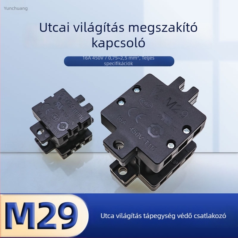 M29 áramkört védő megszakító, power-off védelemmel, férfi–női dugaszoló csatlakozóval a tápkábelekhez, lámpákhoz és közvilágításhoz
